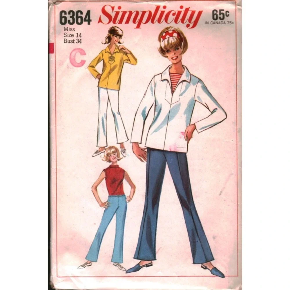 Vintage 1965 Simplicity 6364 Sewing Pattern Misses Overblouse Bell Bottom Pants